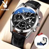 Playboy ของแท้ นาฬิกาข้อมือผู้ชาย สายหนังแท้ เรืองแสง กันน้ำ มัลติฟังก์ชันโครโนกราฟ 2567 นาฬิกา กีฬา ผู้ชาย นาฬิกาวินเทจ