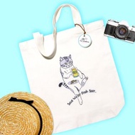 貓喝啤酒手提袋 - 小號，環保袋，棉袋，貓手提袋