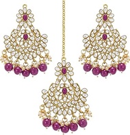 Gold Plated Kundan Pearl Chandbali Earring Maang Tikka Jewellery Set for Women (Rani Pink)