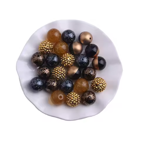 Kwoi Vita AM-076 Black Gold Color Mix Set 20mm Acrylic Chunky Print Beads For Kids Necklace Jewelry 