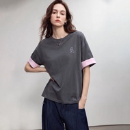 DME | เสื้อยืดคอปกสตรี ฝ้าย สีบล็อก ปักลาย