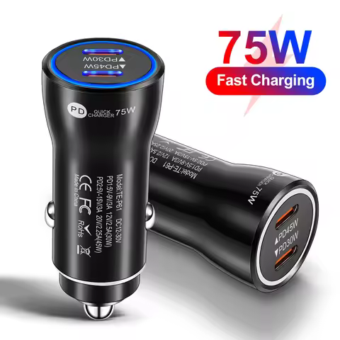 75W 2 Port USB C Car Charger with PD30W PD45W Fast Charging Type-c Car Plug Lighter Adapter for Phon