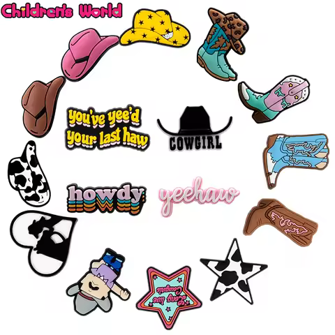 1pcs Cool Cowboys Shoe Charms Hat Boots Shoe Decoration Accessories Howdy Pin Croc Frog Cat Garden S