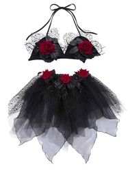 Kakaco Women Halloween Cosplay Outfit Costume Set Black Flower Witch Skirt Gothic Spider Web Crop To