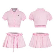 Set áo sơ mi chân váy ngắn sọc nhí DKMV thiết kế croptop dáng xòe có quần bí trong đáng yêu buộc nơ