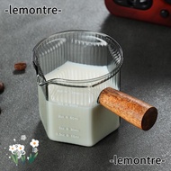 LEMONTRE Milk Cup, with Wood Handle Glass Espresso Cup, Easy to Clean Vertical Grain Gray Multipurpose Measuring Cup Milk Espresso Shot