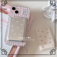 YUYU กันฝุ่นกันฝุ่น คลิปการ์ดแม่เหล็ก โบว์สำหรับผูก เครื่องหนังแท้ เคสโทรศัพท์โทรศัพท์ น่ารักน่ารักๆ ป้องกันลายนิ้วมือ กระเป๋าใส่บัตร สำหรับ IPhone 15 PRO MAX สำหรับ iPhone 15 PRO MAX