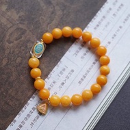 天然雞油黃蜜蠟 白水晶鑲嵌古法銀配飾設計單圈手串