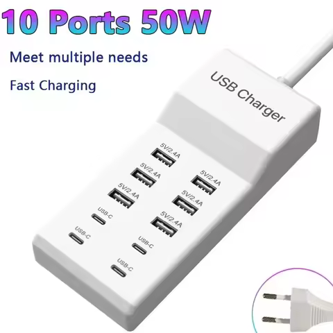 50W 10 Ports USB Charger 5V 10A USB Charging Station with Family Size Smart USB Ports for iPhone 15/