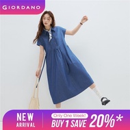 GIORDANO Women Dresses 100% Cotton Pleated Placket Denim Dresses Tie Waist Cap Sleeve Fashion Casual