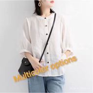 J55 ❤️ Ready stock 2021Summer Cotton and Linen Shirt Women's Clothing Bishop Sleeves Top   Loose Sli