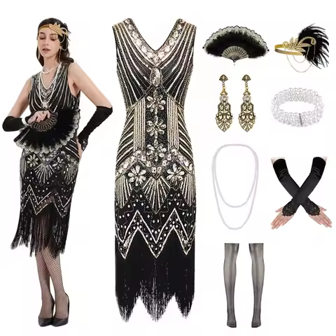 1920s Flapper Dresses for Women Fringed Sequin Great Gatsby Dress for Women with 20s Accessories Roa