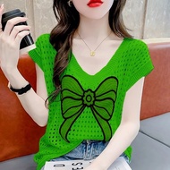 Design Hollow Bow Knit Blouse Women Thin Lazy Loose Ice Silk V-Neck Small Shirt Top Trendy Hollow Bow Knit Blouse Women Thin Lazy Loose Ice Silk V-Neck Small Shirt Top Trendy 3 29