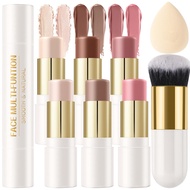 6 Colors Cream Contour Stick Makeup Kit Shades with Highlighter Stick Blush Stick and Double-End Bro