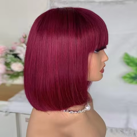 Brazilian 99J Red Short Bob Human Hair Wig With Fringe For Women Straight Remy Hair Bob Wigs With Ba