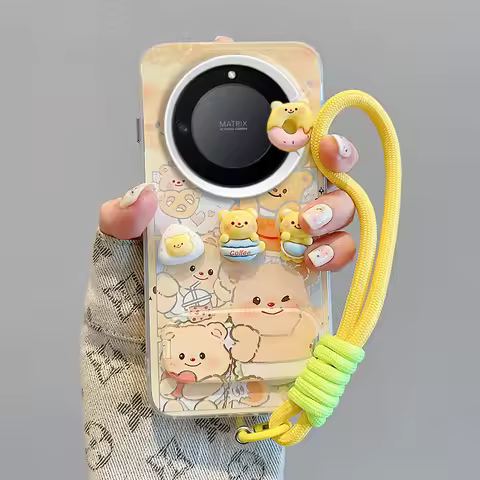 For Honor X9A 5G Honor Magic 5 Lite So Cute Donut Yellow Bear Mirror Stand Case 3d Cartoon Hand Stra