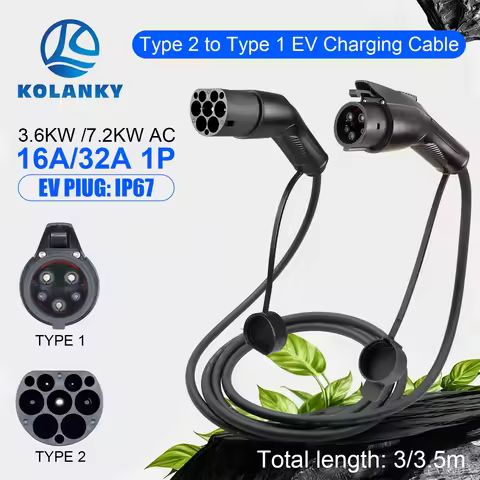 Portable 32A 7.2KW EV Charging Cable Type2 To Type1 For EV Hybrid PHEV Cars Full Lenght 3.5/4M With 