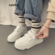 Lovito Sporty Plain Velcro Easy To Put On And Take Off Student Broad Shoes Milk White Sneakers for W