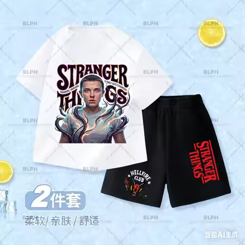 Stranger Things Eleven Power Kids Cotton T-Shirt+Shorts Set Children Summer Streetwear