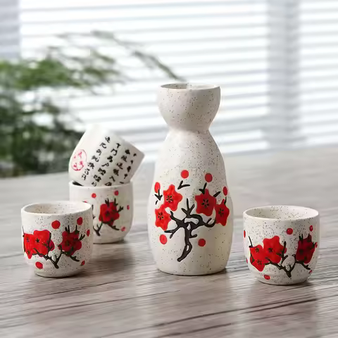 Vintage Ceramic Sake Pot Cups Set Characters Poem Japanese Cuisine Sake Bottle Spirit Pot Set with C