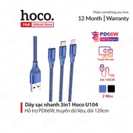 PD66W 3IN1 USB to Micro/IP/Type-C Hoco U104 fast charging cable compatible with devices, 120cm long