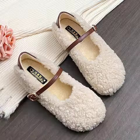 Patchwork Wool&Leather Mary Janes Women Strap Buckle Flats Furry Shoes Ladies Cotton Loafers Female 