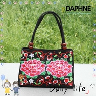 DAPHNE Embroidered Bags, Canvas Floral Embroidered Bucket Bag, Fashion Knitted Braid Large Capacity Ethnic Flower Handbags Female