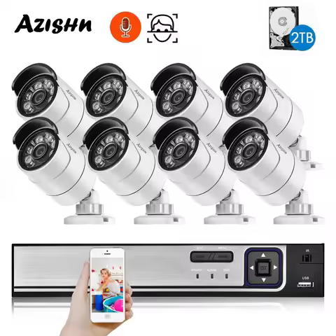 H.265+ 8CH 5MP HD POE NVR Kit CCTV Security System AI Audio Face Detect IP Camera Outdoor 2592X1944 