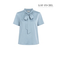 LOF-FI-CIE Silk Satin Bow tie-short sleeve เสื้อเบลาส์ ทรงหลวม ผูกโบว์ที่คอ แขนสั้น สีฟ้า FD1RBU 