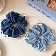 Vintage denim blue Ribbon bow large scrunchie French