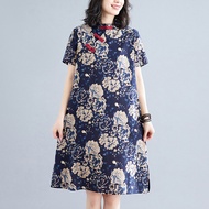Retro Ethnic Style Womens Floral Print Frog Button Improved Chinese Short-Sleeved Cotton and Linen Cheongsam Dress Summer Linen Dress