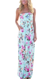Flygo Womens Floral Printed Strapless Hawaiian Beach Maxi Long Tube Dress
