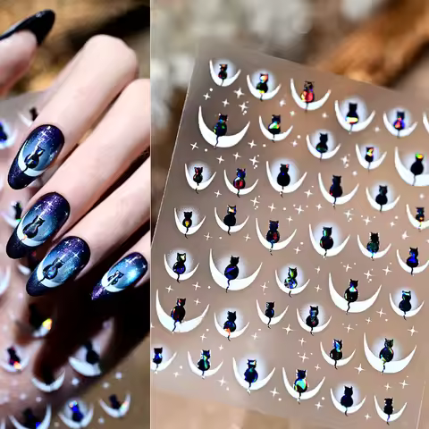 1Pcs Shiny Black Cat French Lines Nail Stickers Y2K Stars Moon Aurora Cats Shadow Nail Decals Self-A