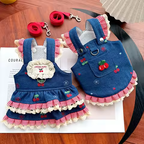 Spring/Summer Cowboy Cherry Strap Skirt Dog Skirt Pet Dog Cat Clothing Supplies