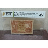1941 MALAYA/BRITISH ADMINISTRATION, PICK: 9a, 20 CENTS BANKNOTES.TQG20VF.