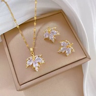Maple Leaf Zircon Jewelry Set Stainless Steel Necklace Earrings Versatile Fashion Accessory