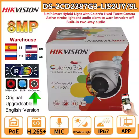 Hikvision 8MP IP Camera DS-2CD2387G3-LIS2UY/SL Smart Hybrid Light ColorVu 2-Way Audio 4K Turret Came