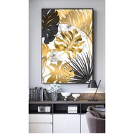 Gold tropical leaf painting, abstract gold tropical leaf painting, aesthetic gold leaf painting