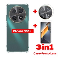 For Huawei Nova 12 i 12i 2024 3in1 Phone Case Clear Transparent Casing Shockproof Soft Nova12i Nova12 TPU Simple Tempered Glass Screen Protective Film Camera HD 9H Lens Back Cover
