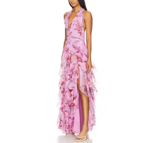 2025 autumn new women's clothing gentle style fashion printing pleated waist dress SH9782