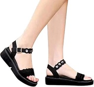 YAYITAI Black Shoes Ladies Sandals Wedge Heel Summer Ladies Open Toe Shoes Rhinestone Flat Sandals (