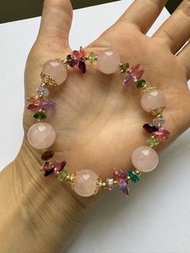 粉水晶 併優質奧地利水晶 diy手鍊 手串 12mm DIY Rose Quartz and Austrian Crystal Bracelet 白水晶，粉水晶，黃水晶，金髪晶，鈦晶，紫水晶，紅石榴石