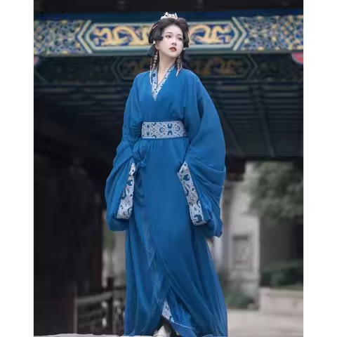 The Warring States Period Chinese Dress Women Blue Red Black Long Robe Hanfu Traditional Traditional