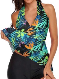 Conjunto de traje de baño de 2 piezas para mujeres con parte superior de bikini halter estampada con plantas tropicales, falda y Bottom de cintura alta