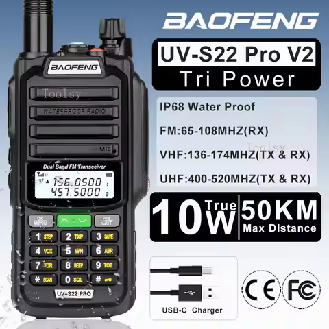 2025 Baofeng UV-S22 PRO V2 IP68 Waterproof 10W Power Walkie Talkie Type-C Charger Powerful UHF VHF L