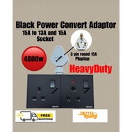 BRIKOZ BLACK POWER CONVERT ADAPORT 15A TO 13A AND 15A SOCKET PLUG WALL SOCKET 3 PIN ROUND SOCKET