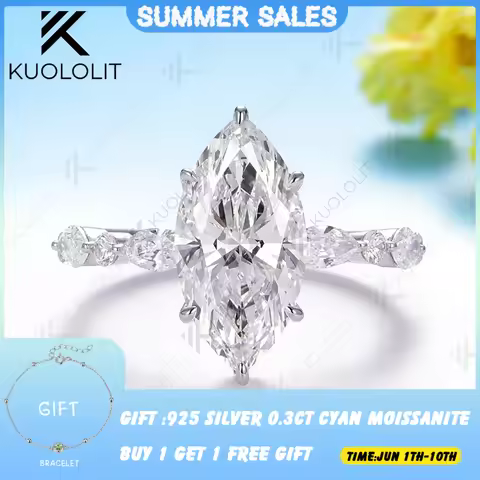 Kuololit 3CT Marquise Moissanite Ring for Women Solid 14K 10K 585 White Gold Engagement Ring for Chr