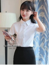 Kemeja Lengan Pendek Wanita Kerah Baru Baju Kantor Elegan Baju Katun Hitam Putih Musim Panas / Baju Kerja Atasan Korea / Kemeja Lengan Pendek Wanita Berkancing Warna Polos Kerah Atasan Longgar - Kurnia Fashion