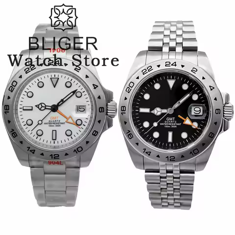 BLIGER 39mm Ronda 515 Quartz Watch For Men Black White Dial luminous 24 Hour GMT Bezel Stainless Cas