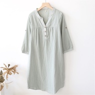 MUJI No Print Wind Yarn-dyed Cotton Nightgown Womens Spring And Autumn Summer Pure Cotton Gauze Mid-